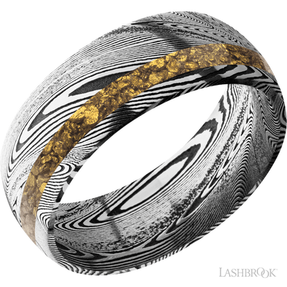 8 mm wide/Domed/Tightweave band with one 2 mm Off Center inlay of Alaskan Gold Nugget.