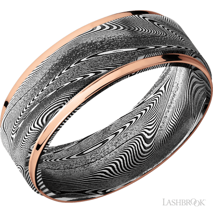 8 mm wide/Flat Grooved Edges/Tightweave band with two 1 mm Edge inlays of 14K Rose Gold.