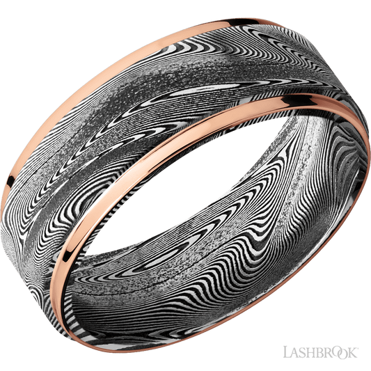 8 mm wide/Flat Grooved Edges/Tightweave band with two 1 mm Edge inlays of 14K Rose Gold.