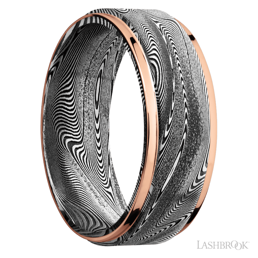 8 mm wide/Flat Grooved Edges/Tightweave band with two 1 mm Edge inlays of 14K Rose Gold.