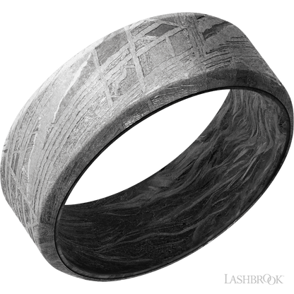 8 mm wide Beveled Meteorite band featuring a Forged Carbon Fiber sleeve.