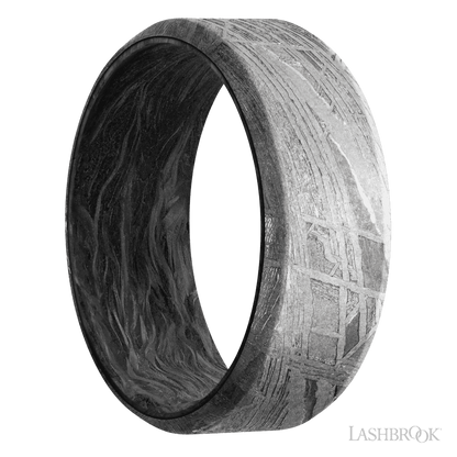8 mm wide Beveled Meteorite band featuring a Forged Carbon Fiber sleeve.