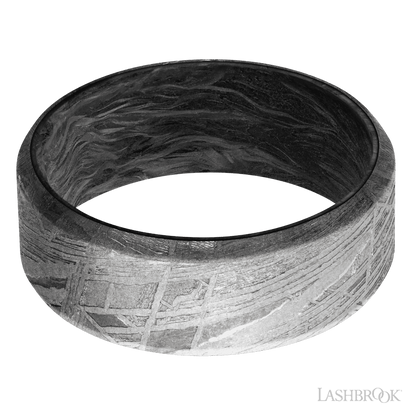 8 mm wide Beveled Meteorite band featuring a Forged Carbon Fiber sleeve.
