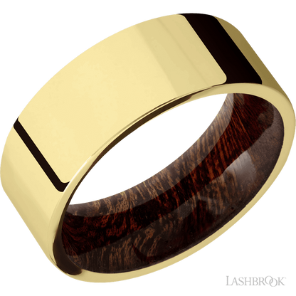 8 mm wide Flat 14K Yellow Gold band featuring a Sapele sleeve.