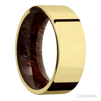 8 mm wide Flat 14K Yellow Gold band featuring a Sapele sleeve.