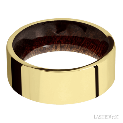 8 mm wide Flat 14K Yellow Gold band featuring a Sapele sleeve.