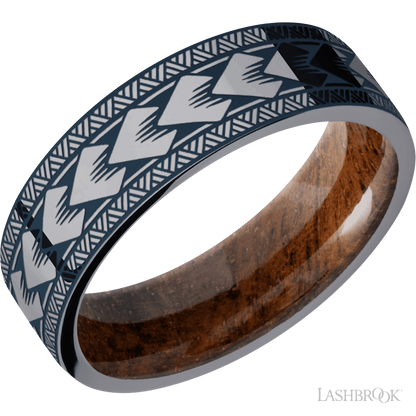 7 mm wide/Flat/Tantalum band with a laser carved Maori pattern also featuring a Koa sleeve.