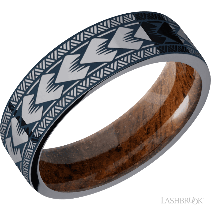 7 mm wide/Flat/Tantalum band with a laser carved Maori pattern also featuring a Koa sleeve.
