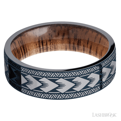 7 mm wide/Flat/Tantalum band with a laser carved Maori pattern also featuring a Koa sleeve.