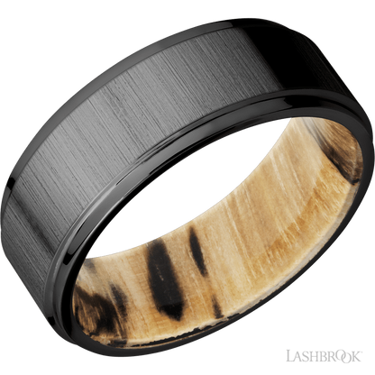 8 mm wide Flat Grooved Edges Zirconium band featuring a Spalted Tamarind sleeve.