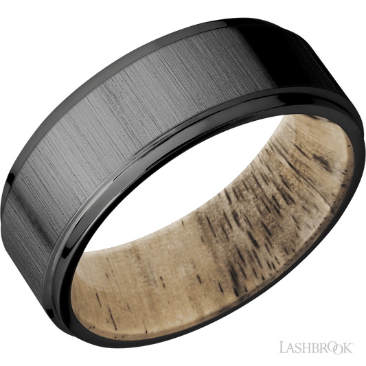 Lashbrook 8mm Flat Grooved Edges Zirconium Wedding Band — Spalted Tamarind Sleeve
