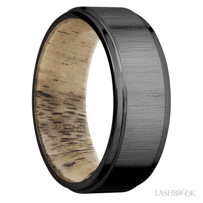 8 mm wide Flat Grooved Edges Zirconium band featuring a Spalted Tamarind sleeve.