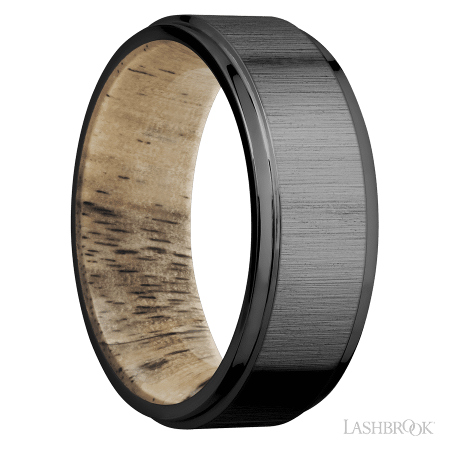 8 mm wide Flat Grooved Edges Zirconium band featuring a Spalted Tamarind sleeve.
