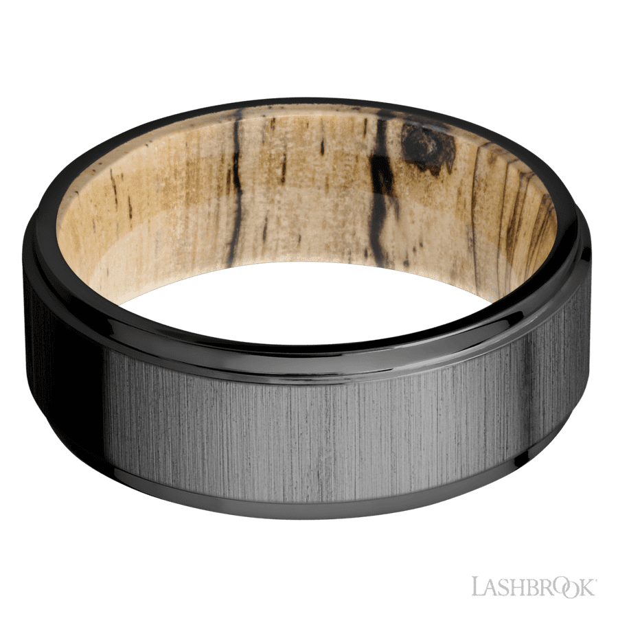 8 mm wide Flat Grooved Edges Zirconium band featuring a Spalted Tamarind sleeve.