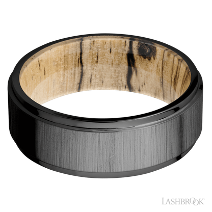 8 mm wide Flat Grooved Edges Zirconium band featuring a Spalted Tamarind sleeve.