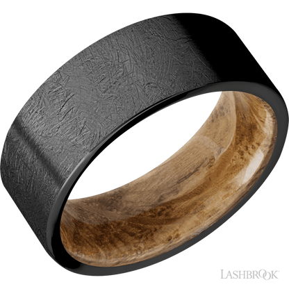 8 mm wide Flat Zirconium band featuring a Whiskey Barrel sleeve.