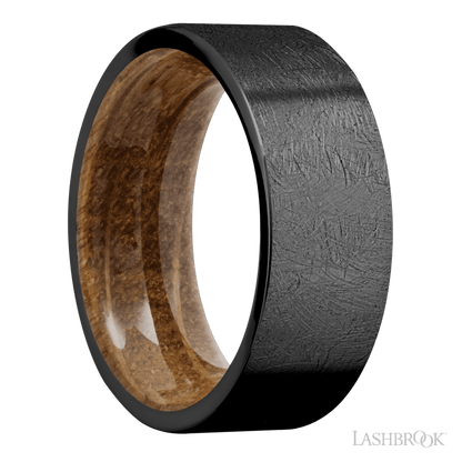 8 mm wide Flat Zirconium band featuring a Whiskey Barrel sleeve.