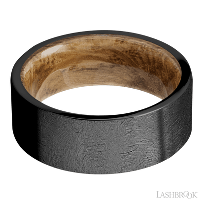 8 mm wide Flat Zirconium band featuring a Whiskey Barrel sleeve.
