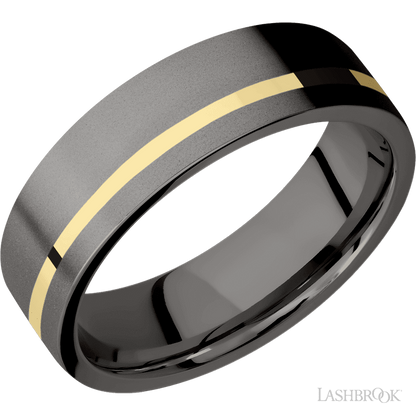 7 mm wide/Flat/Tantalum Noir band with one 1 mm Off Center inlay of 14K Yellow Gold.