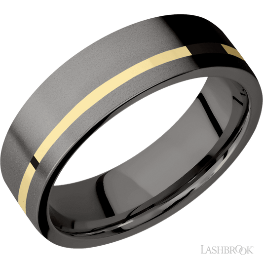 7 mm wide/Flat/Tantalum Noir band with one 1 mm Off Center inlay of 14K Yellow Gold.