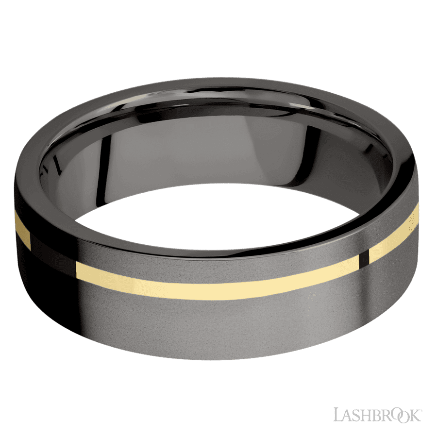 7 mm wide/Flat/Tantalum Noir band with one 1 mm Off Center inlay of 14K Yellow Gold.