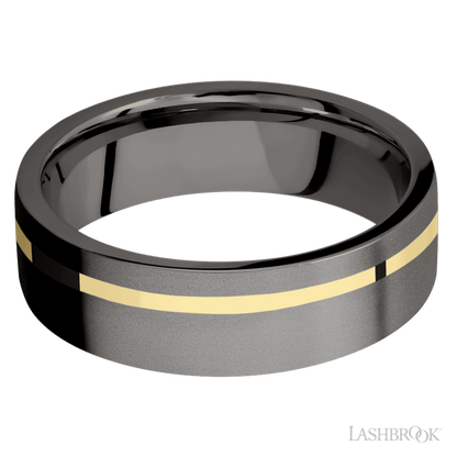7 mm wide/Flat/Tantalum Noir band with one 1 mm Off Center inlay of 14K Yellow Gold.