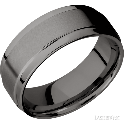 8 mm wide Flat Wide Grooved Edges Tantalum Noir band.