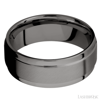 8 mm wide Flat Wide Grooved Edges Tantalum Noir band.