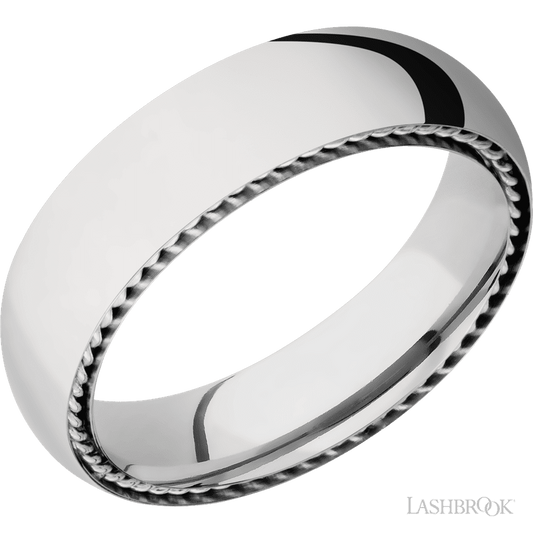 6 mm wide/Domed/14K White Gold band with two 1 mm Sidebraid inlays of 14K White Gold.