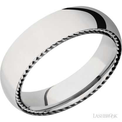 6 mm wide/Domed/14K White Gold band with two 1 mm Sidebraid inlays of 14K White Gold.