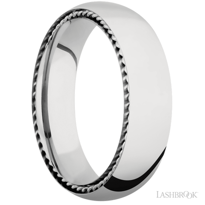 6 mm wide/Domed/14K White Gold band with two 1 mm Sidebraid inlays of 14K White Gold.