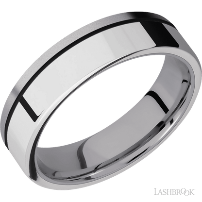 6 mm wide/Flat/Tantalum band with one 4 mm Off Center Edge inlay of Palladium Silver.