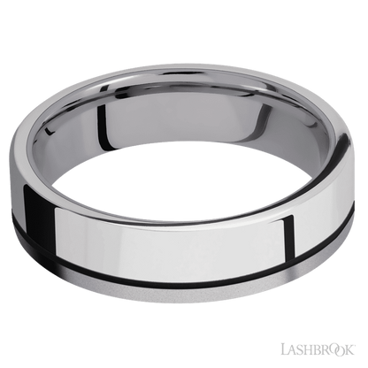 6 mm wide/Flat/Tantalum band with one 4 mm Off Center Edge inlay of Palladium Silver.