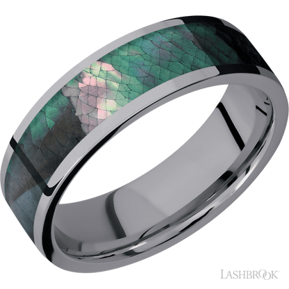 7 mm wide/Flat/Tantalum band with one 5 mm Centered inlay of Black Mother of Pearl.