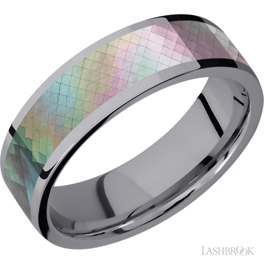 Lashbrook 7mm Flat Tantalum Wedding Band — Black Mother of Pearl Inlay