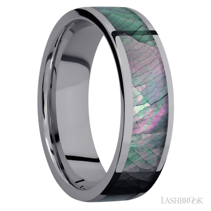 7 mm wide/Flat/Tantalum band with one 5 mm Centered inlay of Black Mother of Pearl.
