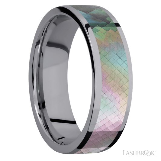 Lashbrook 7mm Flat Tantalum Wedding Band — Black Mother of Pearl Inlay