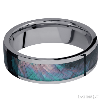7 mm wide/Flat/Tantalum band with one 5 mm Centered inlay of Black Mother of Pearl.