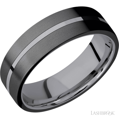 7 mm wide/Flat/Tantalum band with two 3 mm Double Off Center Edge inlays of Zirconium.