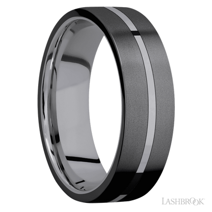7 mm wide/Flat/Tantalum band with two 3 mm Double Off Center Edge inlays of Zirconium.