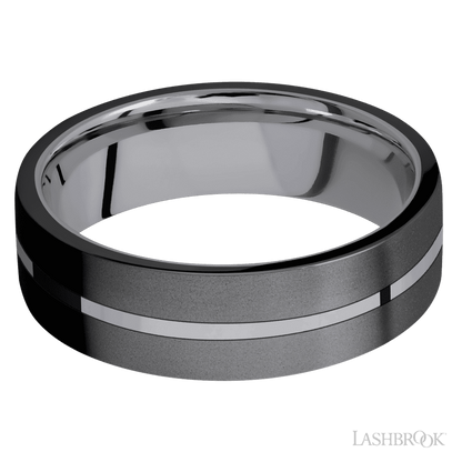 7 mm wide/Flat/Tantalum band with two 3 mm Double Off Center Edge inlays of Zirconium.
