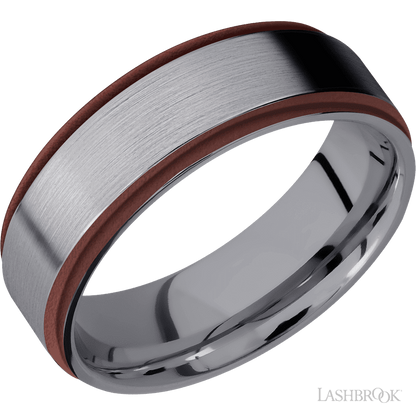 7 mm wide/Flat Grooved Edges/Tantalum band with two 1 mm Edge inlays of Crimson.
