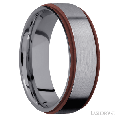 7 mm wide/Flat Grooved Edges/Tantalum band with two 1 mm Edge inlays of Crimson.