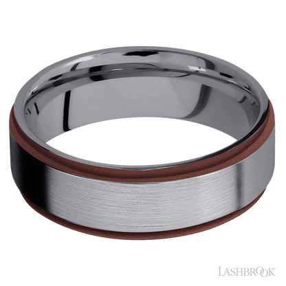 7 mm wide/Flat Grooved Edges/Tantalum band with two 1 mm Edge inlays of Crimson.