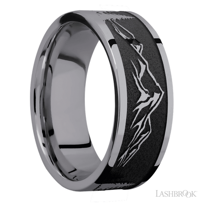 8 mm wide/Flat/Tantalum band with a laser carved Mountain 2 pattern.