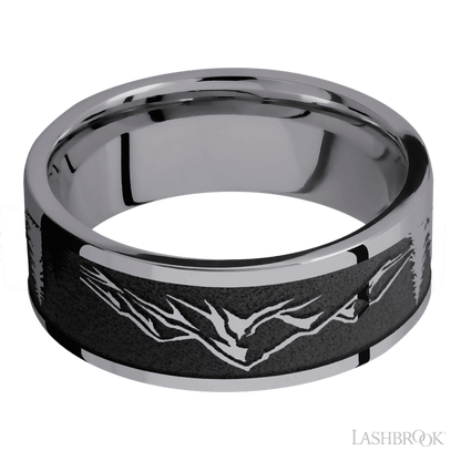 8 mm wide/Flat/Tantalum band with a laser carved Mountain 2 pattern.