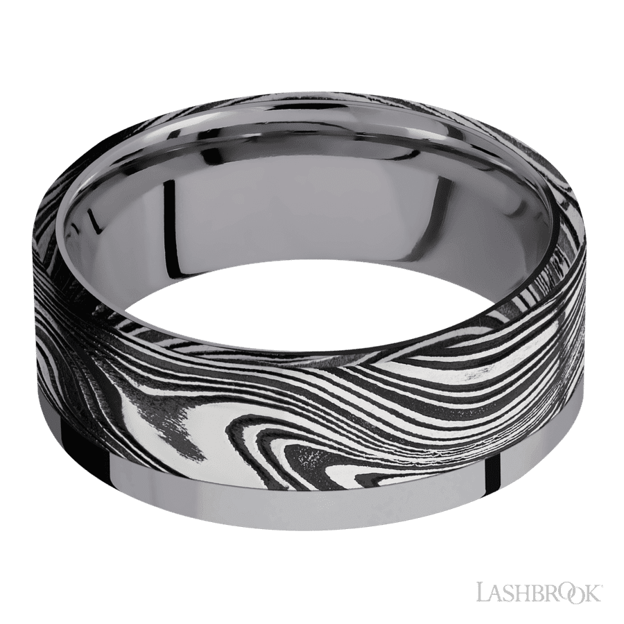 8 mm wide/Flat/Tantalum band with one 6 mm Off Center Edge inlay of Marble.