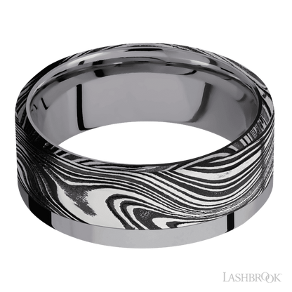 8 mm wide/Flat/Tantalum band with one 6 mm Off Center Edge inlay of Marble.
