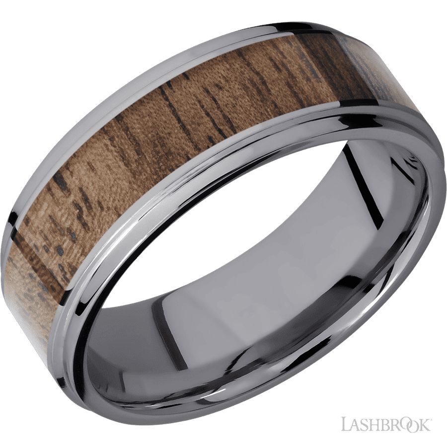 8 mm wide/Flat Grooved Edges/Tantalum band with one 5 mm Centered inlay of Walnut.