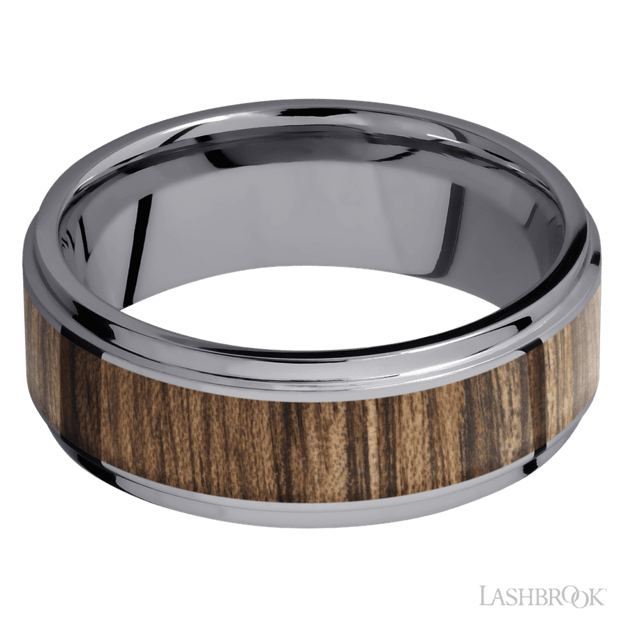 8 mm wide/Flat Grooved Edges/Tantalum band with one 5 mm Centered inlay of Walnut.
